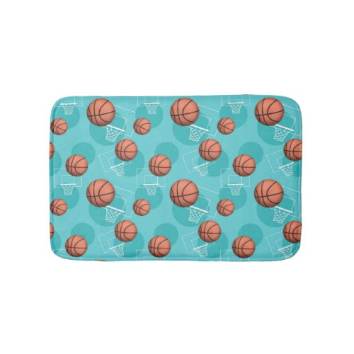 Basketball Themed Pattern Teal Bath Mat