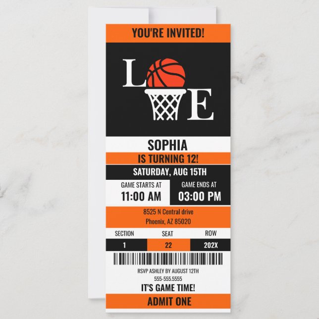 Basketball Ticket Birthday,Basketball Girl player  Invitation (Front)