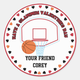 Basketball Valentines Classroom Personalized Name Classic Round Sticker