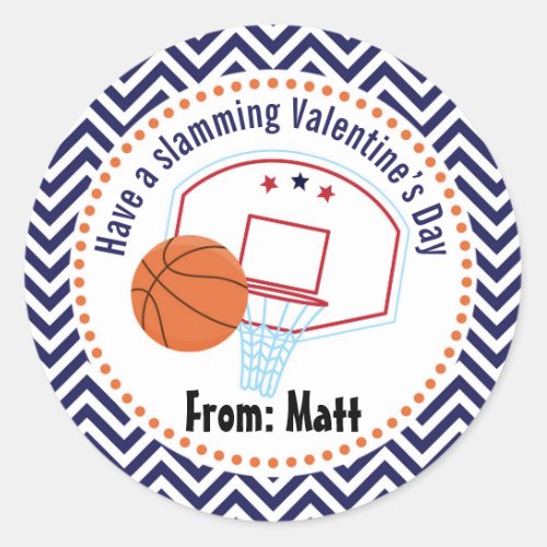 Basketball Valentines School Personalized Name Classic Round Sticker