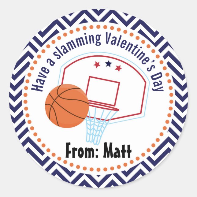 Basketball Valentines School Personalized Name Classic Round Sticker (Front)