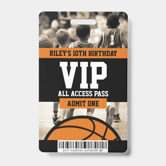 Basketball VIP Birthday Party Guest Pass Badge (Front)