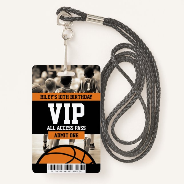 Basketball VIP Birthday Party Guest Pass Badge (Front with Lanyard)