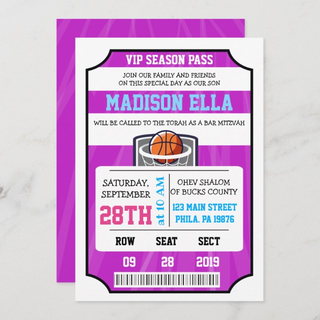 BASKETBALL VIP TICKET Bar Bat Mitzvah Invitation (Front/Back)
