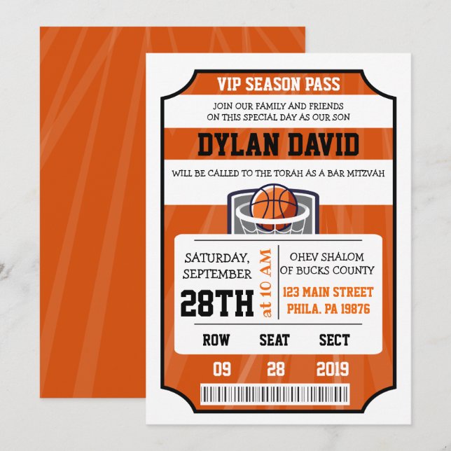 BASKETBALL VIP TICKET Bar Bat Mitzvah Invitation (Front/Back)