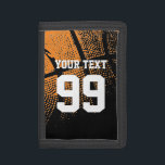 Basketball wallets with custom jersey number<br><div class="desc">Basketball wallets with custom jersey number. Personalizable sports gift for thanking coach,  sporty boys and girls. Cool atheltic gift idea for men,  women and teen kids. Personalized with high school team name,  funny quote,  slogan or monogram initials. In black and orange or other colors.</div>