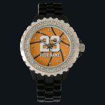 Basketball watch with custom number and name<br><div class="desc">Basketball watch with custom number and name. Custom wrist watches for basketball couaches,  fans and players. Personalizable Birthday gift idea for men and women. Sporty design with orange basketball.</div>