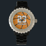 Basketball watch with custom number and name<br><div class="desc">Basketball watch with custom number and name. Custom wrist watches for basketball couaches,  fans and players. Personalizable Birthday gift idea for men and women. Sporty design with orange basketball.</div>