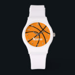 Basketball watch with personalizable name<br><div class="desc">Basketball sports watch with personalizable name. Custom wrist watches for basketball fans and players. Cute Birthday gift idea for men and women. Sporty design with orange basketball.</div>