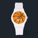 Basketball watch with personalizable name<br><div class="desc">Basketball sports watch with personalizable name. Custom wrist watches for basketball fans and players. Cute Birthday gift idea for men and women. Sporty design with orange basketball.</div>