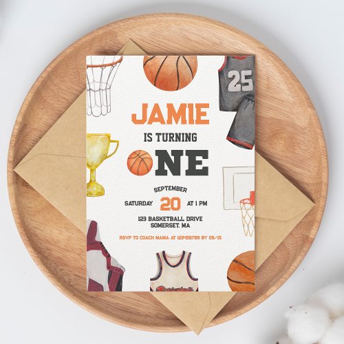 Basketball Watercolor Boys 1st Birthday Invitation