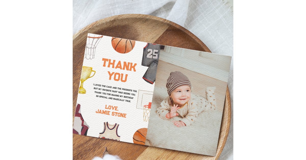 Basketball Watercolor Boys 1st Birthday Thank You Card | Zazzle