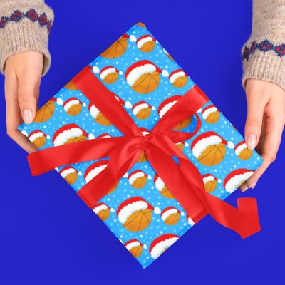 Basketball Wearing Santa's Hat &amp; Snowflakes Blue Wrapping Paper