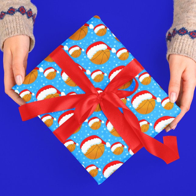 Basketball Wearing Santa's Hat & Snowflakes Blue Wrapping Paper (Creator Uploaded)
