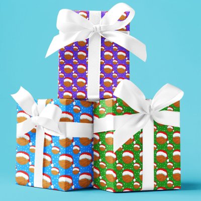 Basketball Wearing Santa's Hat &amp; Snowflakes Colors Wrapping Paper Sheets