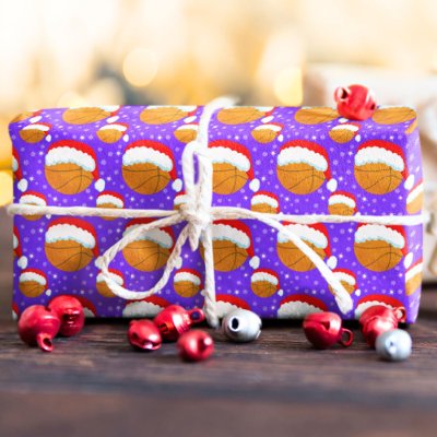Basketball Wearing Santa's Hat &amp; Snowflakes Purple Wrapping Paper