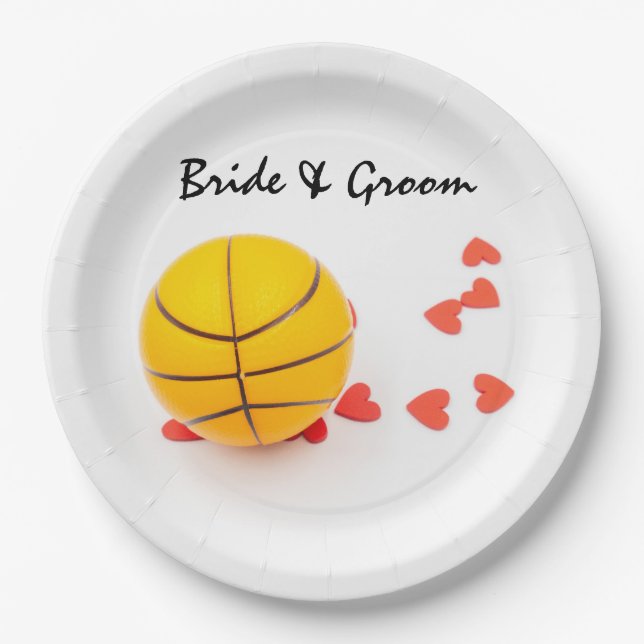 Basketball wedding with love red heart on white paper plates (Front)