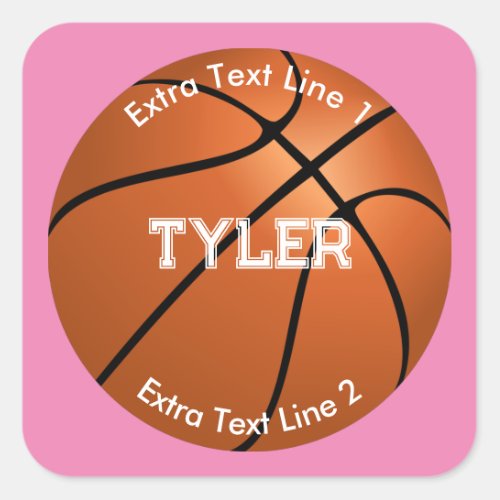 Basketball White Name 2 Text Lines Pink Square Sticker