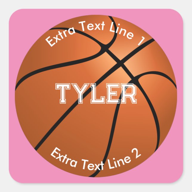 Basketball, White Name, 2 Text Lines, Pink Square Sticker (Front)