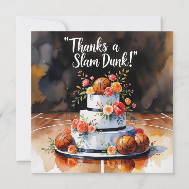 Basketball with cake and flowers thank you card (Front)
