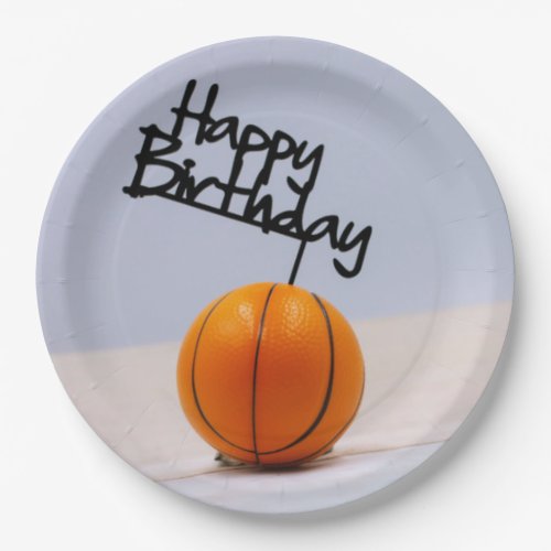 Basketball with Happy Birthday on white background Paper Plates