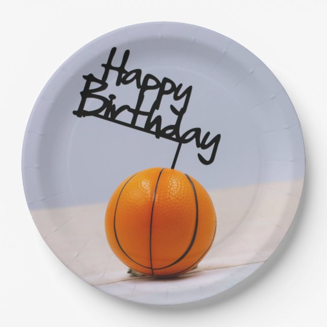 Basketball with Happy Birthday on white background Paper Plates (Front)
