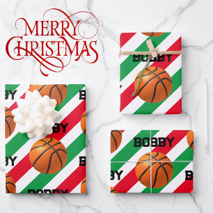 Basketball with Kid's Name Christmas Red & Green 3 Wrapping Paper Sheets