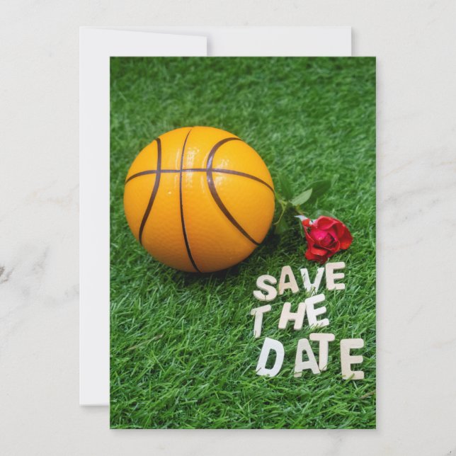 Basketball with red roses save the date invitation (Front)