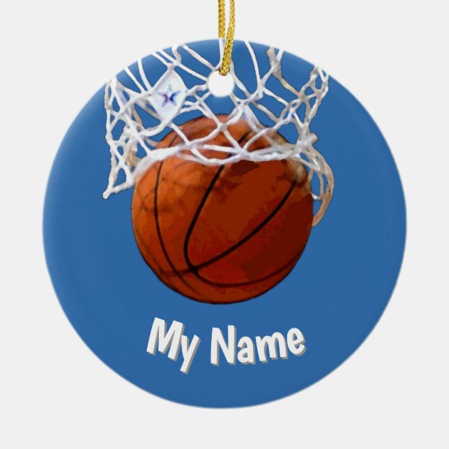Basketball Your Name Custom Steel Blue Background Ceramic Ornament (Front)