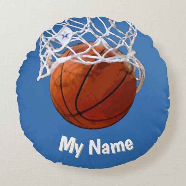 Basketball Your Name Custom Steel Blue Background Round Pillow (Front)