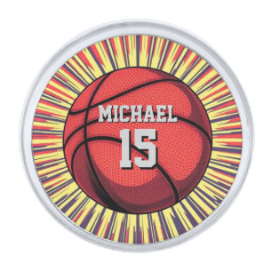 Basketball Your Name Pop Art Silver Finish Lapel Pin