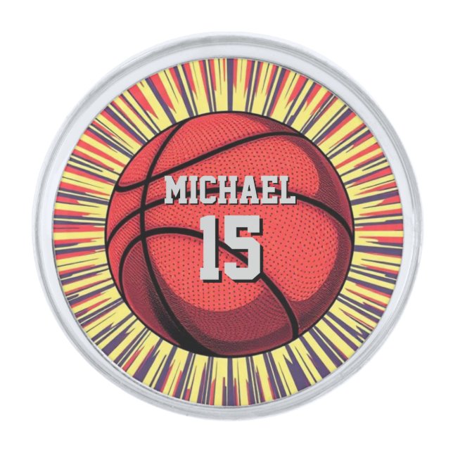 Basketball Your Name Pop Art Silver Finish Lapel Pin (Front)