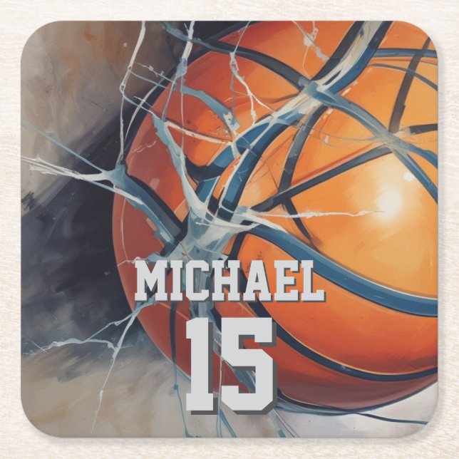 Basketball Your Name Square Paper Coaster (Front)