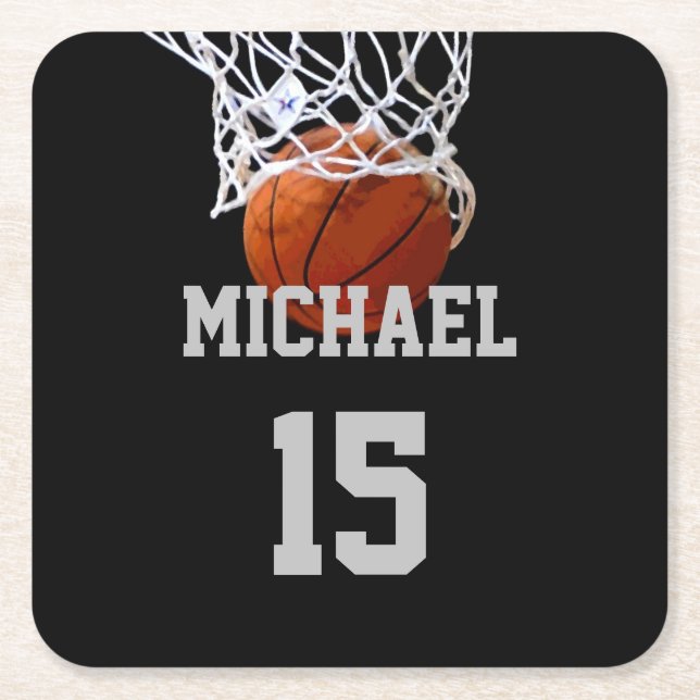 Basketball Your Name Square Paper Coaster (Front)