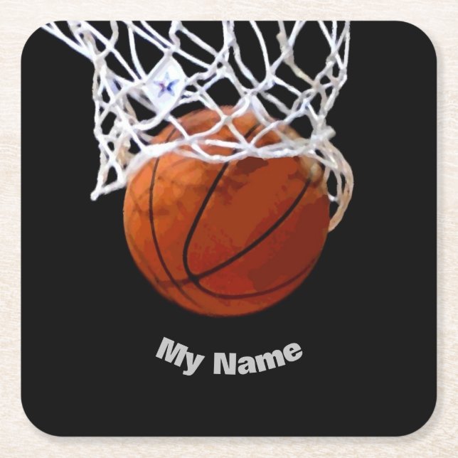 Basketball Your Name Square Paper Coaster (Front)