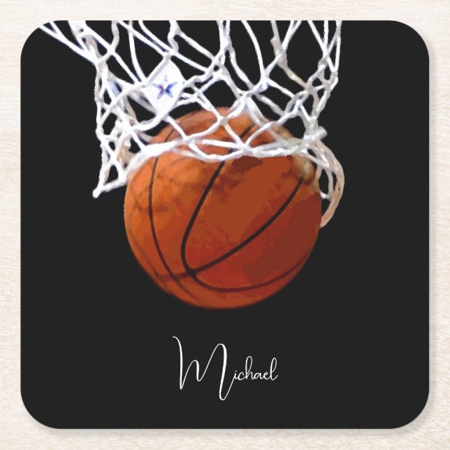 Basketball Your Name Square Paper Coaster (Front)