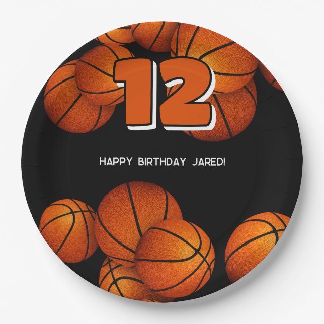 basketballs accent boys girls sports party paper plates (Front)