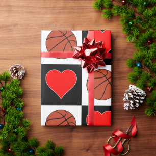 Basketballs & Hearts Black & White Checker Pattern Wrapping Paper