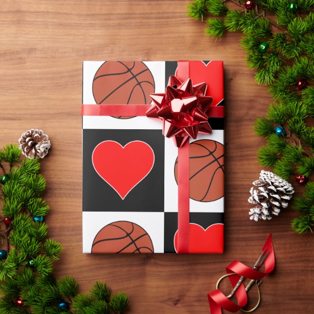 Basketballs & Hearts Black & White Checker Pattern Wrapping Paper (Holiday Gift)