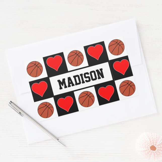 Basketballs & Hearts Custom Player Name Fun Sports Rectangular Sticker (Envelope)