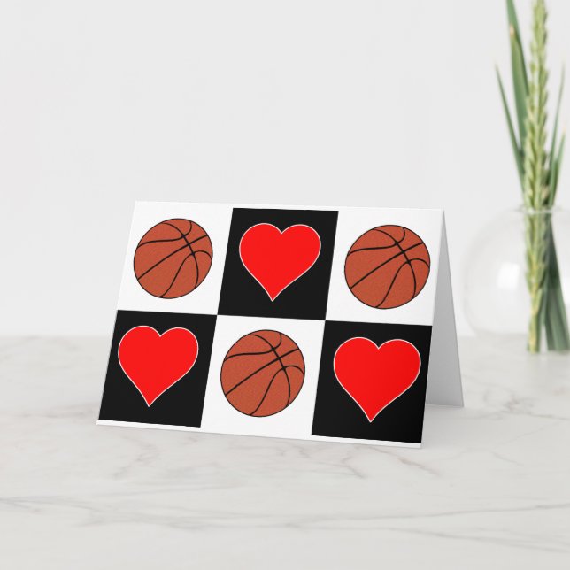 Basketballs & Hearts Cute Checker Pattern Greeting Card (Front)