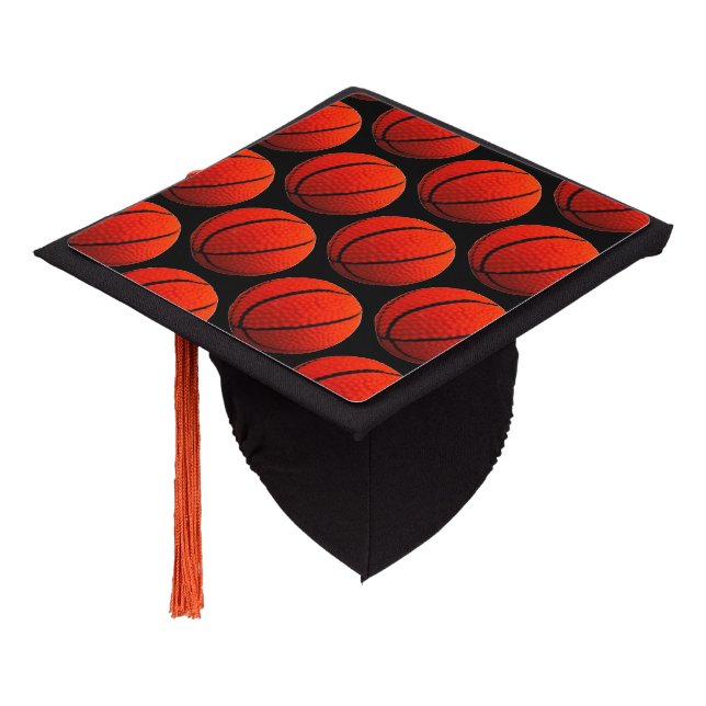 Basketballs Hoops Mortarboard Orange Black Graduation Cap Topper (Angled)