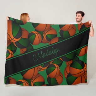 basketballs pattern green black girls team colors fleece blanket