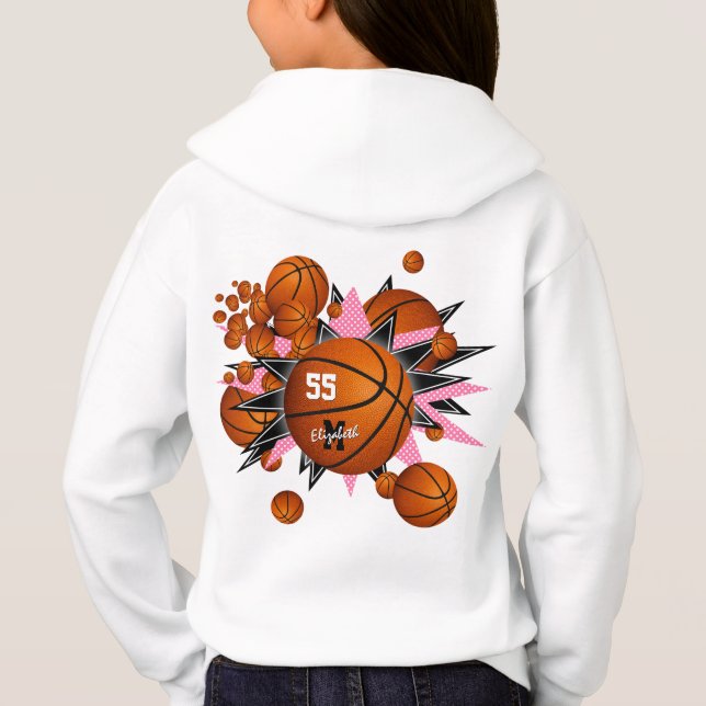 basketballs pink black stars girl's sports hoodie (Back)