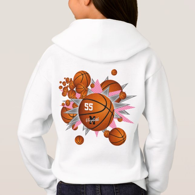 basketballs pink gray stars girl's sports hoodie (Back)