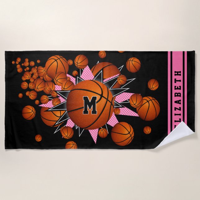 basketballs stars girls name monogrammed beach towel (Front)