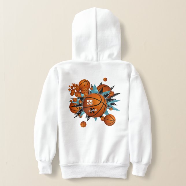 basketballs teal black stars girl's sports hoodie (Laydown Back)