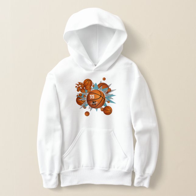 basketballs teal gray stars girl's sports  hoodie (Laydown)