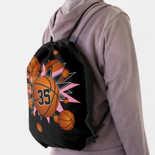 basketballs w pink black stars girls jersey number drawstring bag