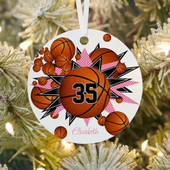 basketballs w pink black stars girls keepsake metal ornament (Insitu)